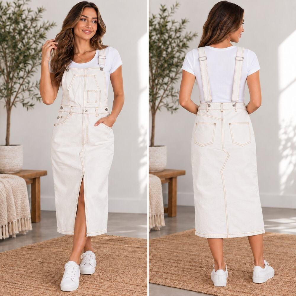 Zara White Denim Pinafore Overall Midi Dress Medium Contrast Stitch NWOT